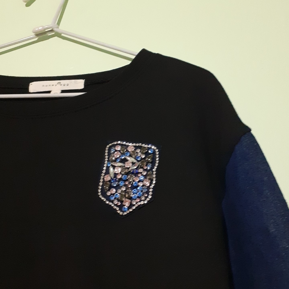 Bedazzled Shining Denim-Sleeve French Terry Loose fit Boxy Sweater M